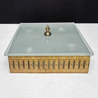 VTG GILT BRASS & GLASS LARGE SQUARE FLUSH MOUNT CEILING LIGHT FIXTURE ANTIQUE