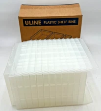 (12) ULINE S-16294 PLASTIC SHELF BINS 8.5" X 12" X 4" CLEAR NESTABLE WHEN EMPTY