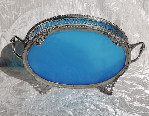 Burriera a cestello con bordo a terrazzo Sheffield e vetro azzurro c 1900 - 第 8/8 張圖片