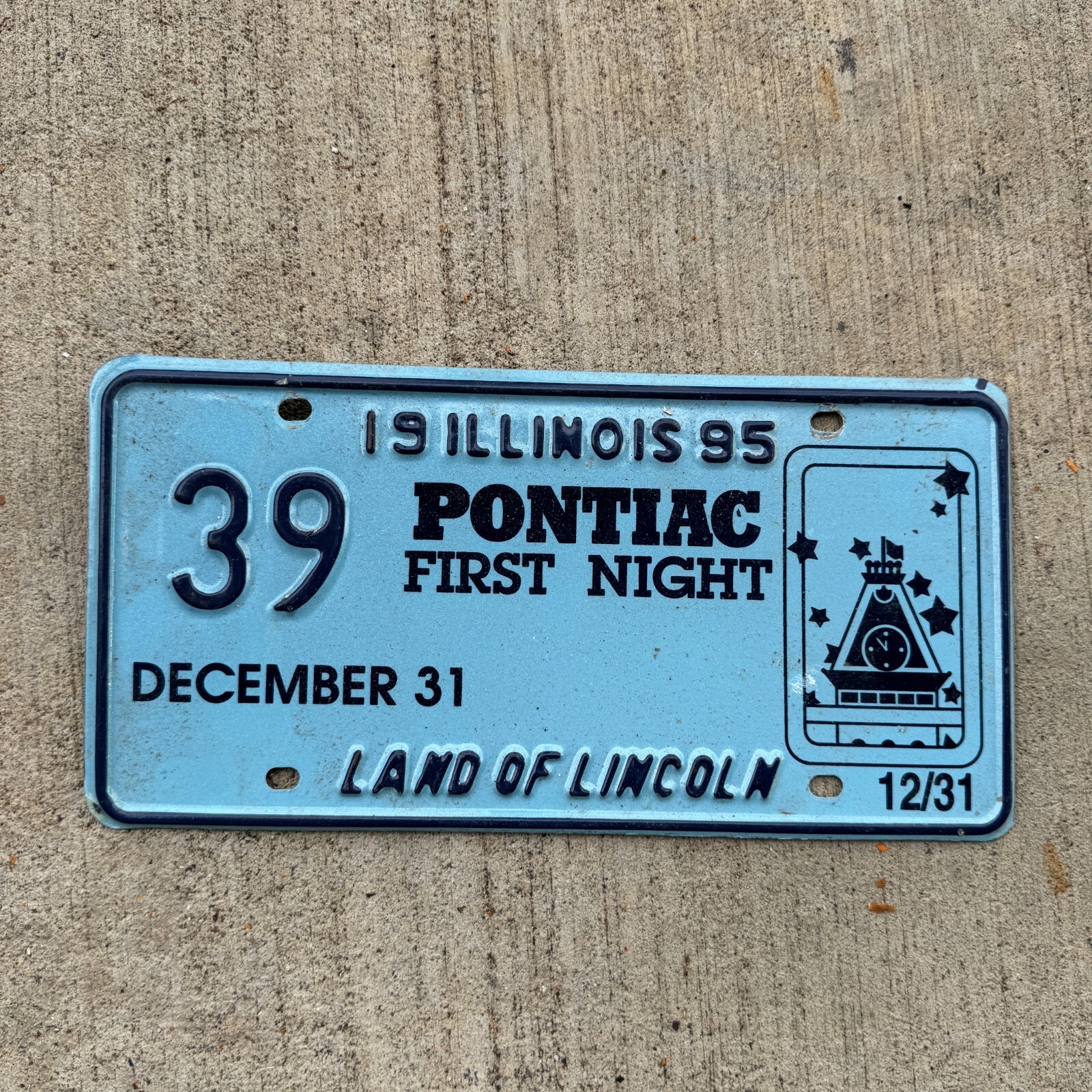 1995 Illinois EVENT License Plate Auto Tag Garage Pontiac New Years Eve 39