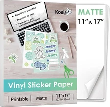 Koala Printable Vinyl Sticker Paper for Inkjet Printer 11x17 Inch - 10 White 