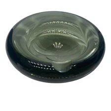 Signed Per Lutken Holmegaard MCM Smoke Grey Art Glass Ashtray Thick Offset Round