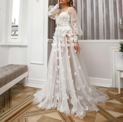 Butterfly Appliques Tulle Wedding Dresses Long Sleeve Lingerie Bridal Gowns | eBay Butterfly Appliques Tulle Wedding Dresses Long Sleeve Lingerie Bridal Gowns | eBay