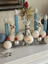 Noma Christmas Candle Light Candolier 5 Blue White Reindeer Decor Tinsel