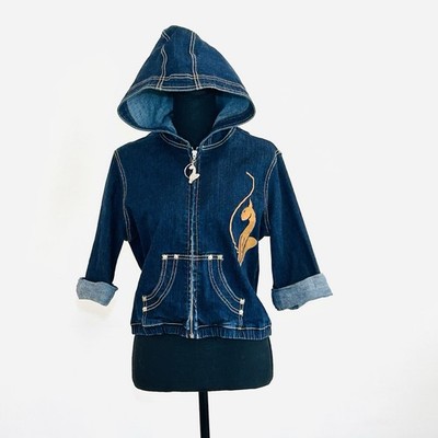 VTG Baby Phat Blue Denim Jean Jacket XL Hooded Embroidered Cat Zip