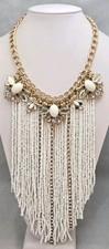 Lg Extravagant White Multicolor Rhinestone Mix Beaded Fringe Statement Necklace