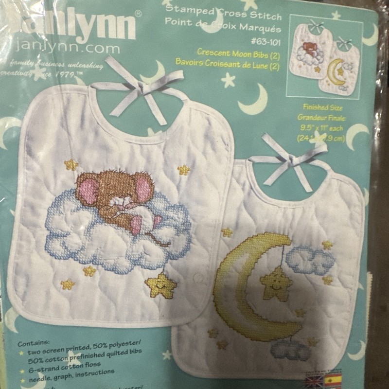 New Janlynn 2 Crescent Moon Baby Bibs Stamped Cross Stitch Kit #63-101 Vtg 2001