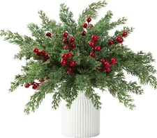 45 Pcs Norfolk Pine Branches Red Berry Stems Artificial Greenery Christmas Decor