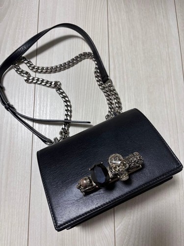 Alexander McQueen Jewelled Satchel Skull Shoulder Bag Black Leather Auth