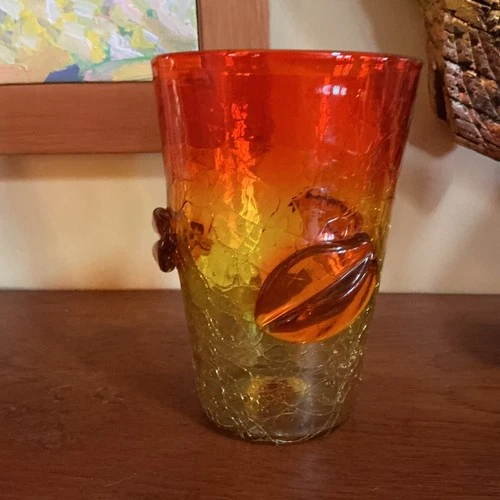 Vintage Blenko #366LL Tangerine Crackle Glass Vase with Applied Leaves 7.75 “