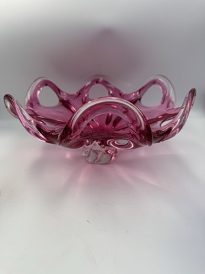 Josef Hospodka Chribska Glassworks Czech Pink Raspberry Clear Base Bowl 11 in. 