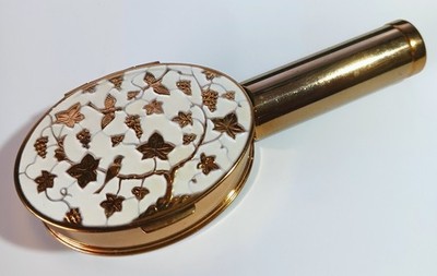 Vintage Gold-tone Volupte Combined Compact, Mirror & Lipstick w White Enamel Lid