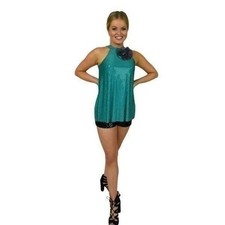 Revolution Dance CostumeSequin Halter Top Teal Black Flower Jazz Tap Child L