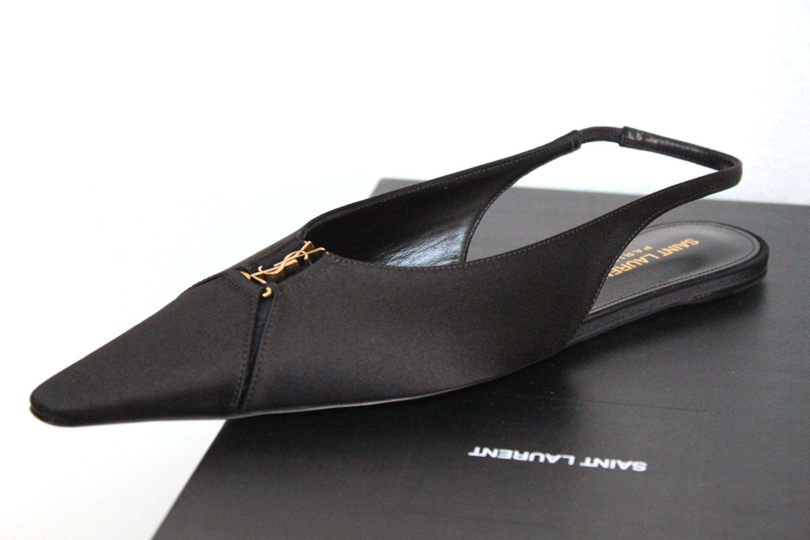 sz 7.5 / 38 YSL Saint Laurent Black Satin Babylone Slingback Ballet Flat Shoes thumbnail 10