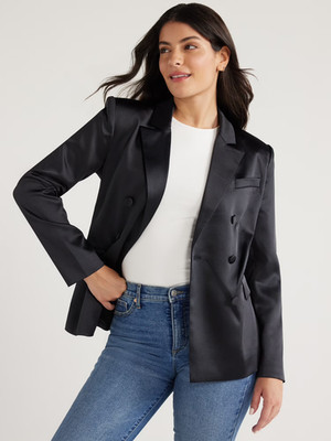 Sofia Jeans Women's Stretch Satin Double Breasted Blazer, Size M Black --A52--