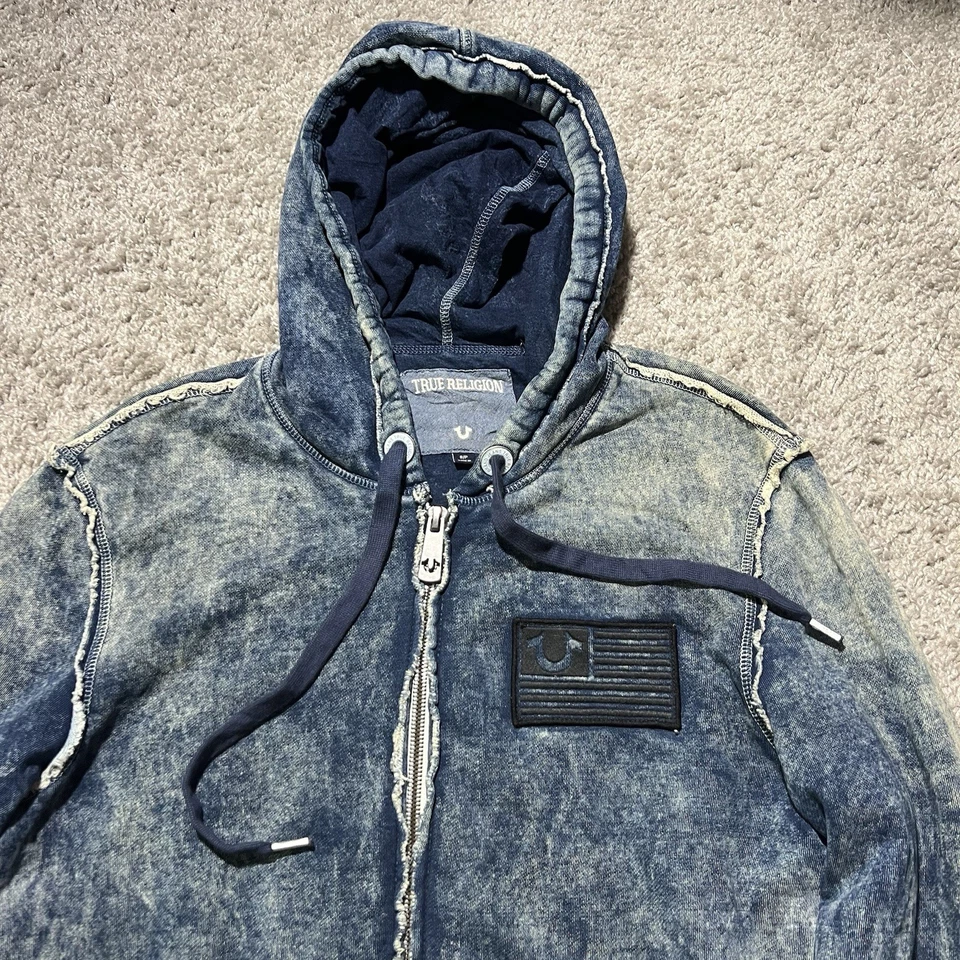 Moletom com capuz True Religion vintage Y2k zíper completo lavagem ácida pequeno grosso pesado - Imagem 2 de 4