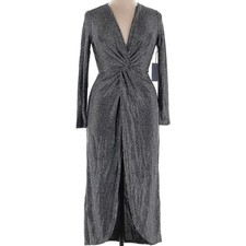 Reformation Carlyle Midi Dress Metallic Shimmer Long Sleeve Size XL Silver