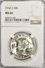 1954 S FRANKLIN HALF DOLLAR ~ NGC MS64 ~ BRIGHT WHITE!