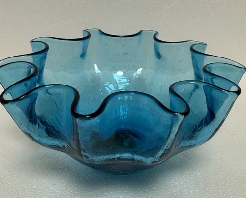 Blenko Glass Bowl Ruffled-Edge Turquoise Crackle