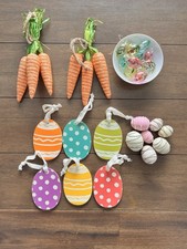 Easter Holiday 27 Pc Lot Decor Chocolate, Hanging Wood, Glass Eggs, Jute Carrots