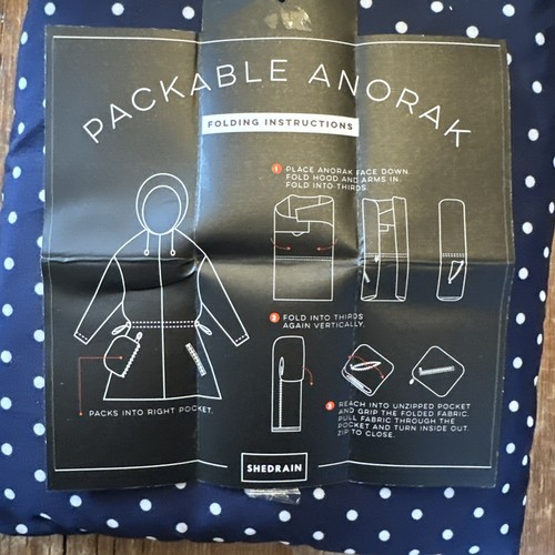 Shed Rain Packable Anorak Jacket Lightweight Travel Bitty Dot Navy Blue M/L Hood - Picture 5 of 11