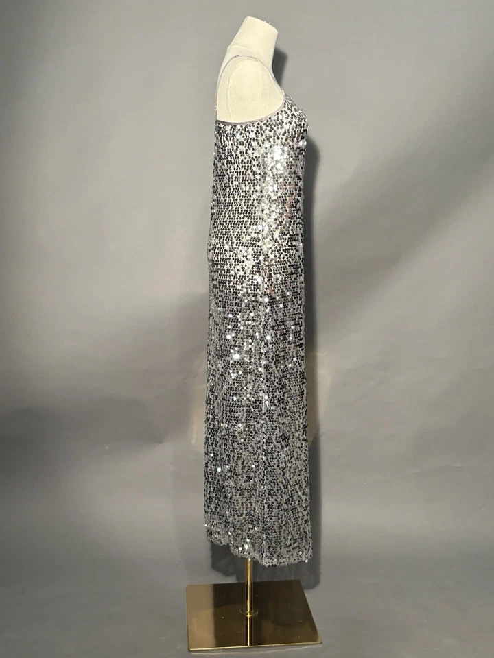 Vintage Style Size Small Silver Sequin Dress Gown Long Formal Party Cocktail - Image 2 of 4