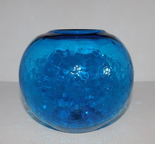 BLUE CRACKLE GLASS LARGE ROSE BOWL VASE BLENKO