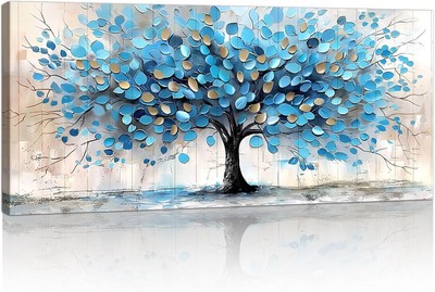 Große blau gold blühende Bäume Leinwand Wandbild 50x100cm fertig zum Aufhängen