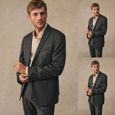 Wool Blend Men's Suits Dark Gray Formal Business Coat 2Pcs Casual Blazer Jacket