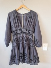 Free People Tea Time Cutout Lace Mini Dress Charcoal Grey Boho Balloon Sleeve 8