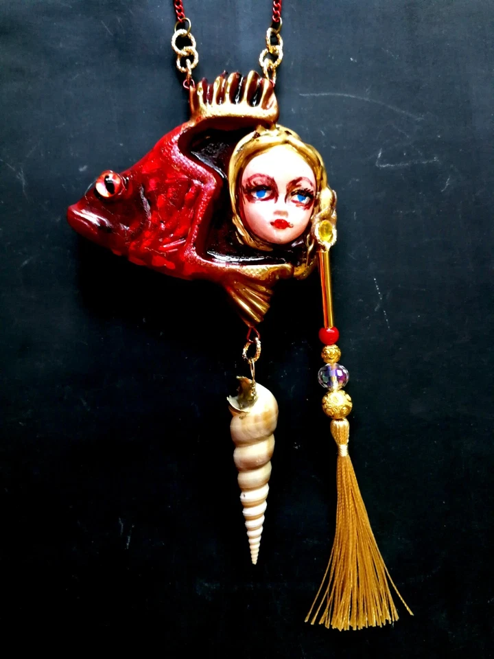 Joyería de pez rojo Piscis Shell Collar colgante Art Deco muñeca joyería perla babero Foto 4 de 4