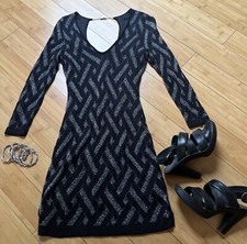 Guess Jeans Sz MED Black Silver Lurex Bodycon Dress Backless Logo Long Sleeve