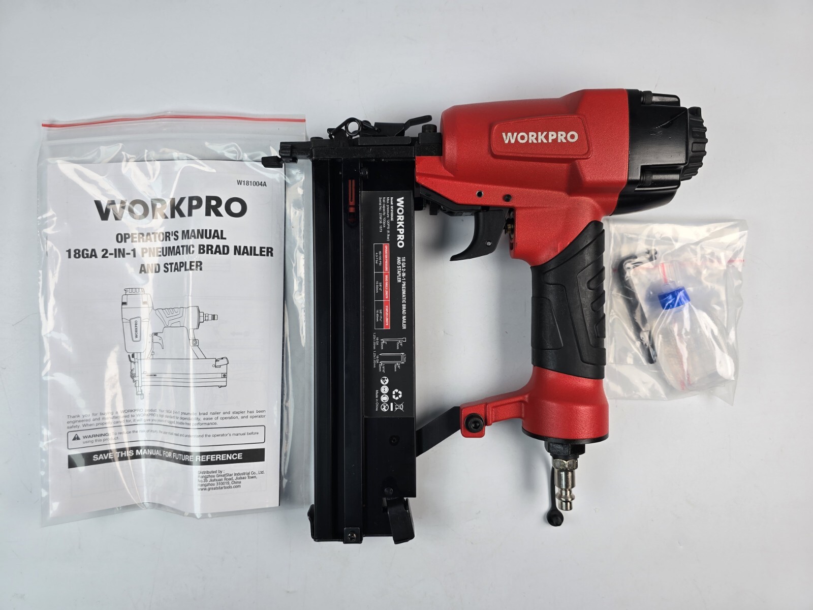 WORKPRO Pneumatic Brad Nailer, 18 GA, 2 in 1 Nail Gun and Crown Stapler