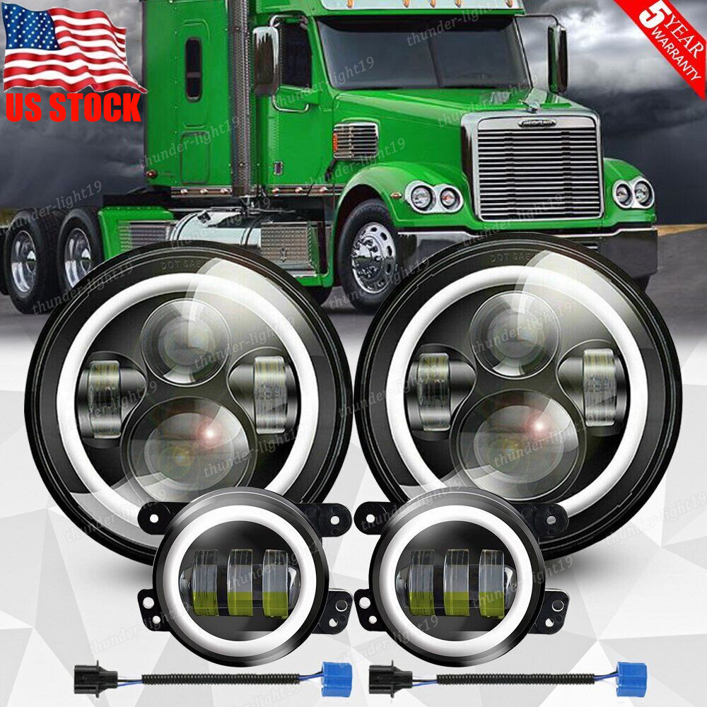 7'' Inch LED Headlight Halo Projector + 4'' Fog Lights for Freightliner Coronado