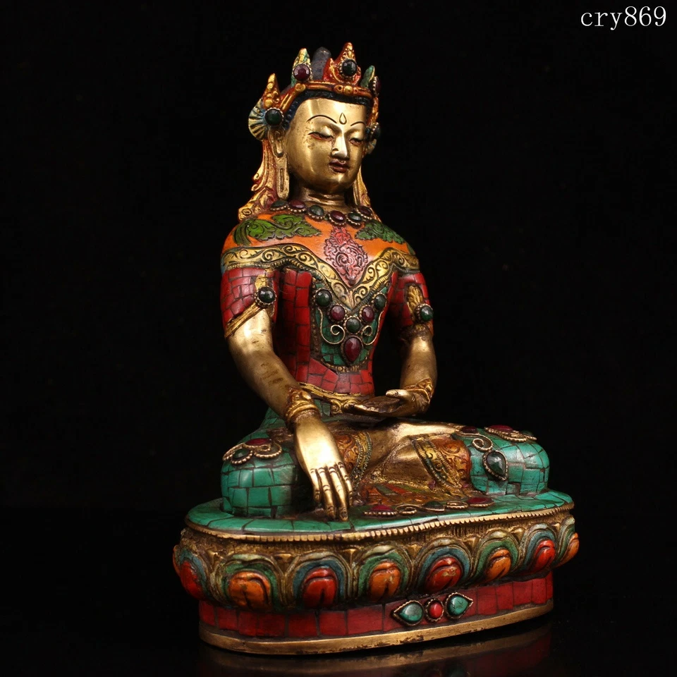 coleção Templo Tibete Jokhang antigo incrustado com pedras preciosas estátua Sakyamuni - Imagem 3 de 4