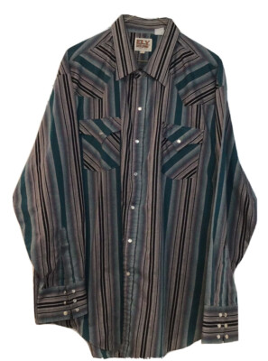 Ely Cattleman Men s Gray & Blue Striped XXL Western - Pearl Snap Button Up