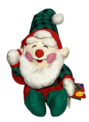 Santa s Elf Nylon Puffy Plush Stuffed Animal Christmas Decor Plaid Hat Tags Gift