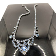 Vintage Light Blue Rhinestone Bib Choker Necklace 14"