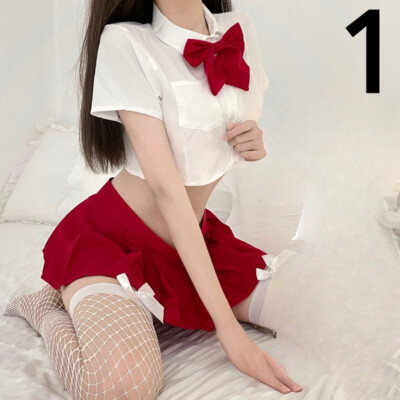 Lady Cropped Top Mini Skirt Set Plaid Bow See Through Erotic Sexy Preppy  Style | eBay