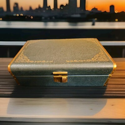 Vintage Fashioned By Farrington Jewelry Box Genuine Texol Green,Navy Blue & Gold