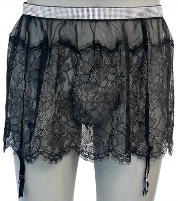 VICTORIA'S SECRET BLACK VERY SEXY SHINE LACE SKIRT WITH GARTERS GARTER BELT  XS/S