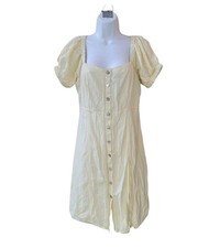 New FOREVER 21 Linen Blend Button Front Puff Sleeve Dress Women