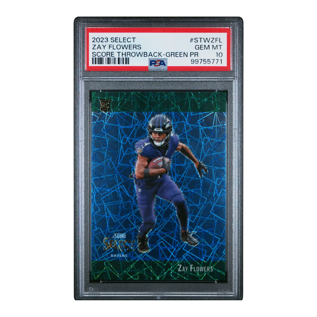 Zay Flowers 2023 Select Score Throwback Green PR 1/5 #STW-ZFL (PSA 10)