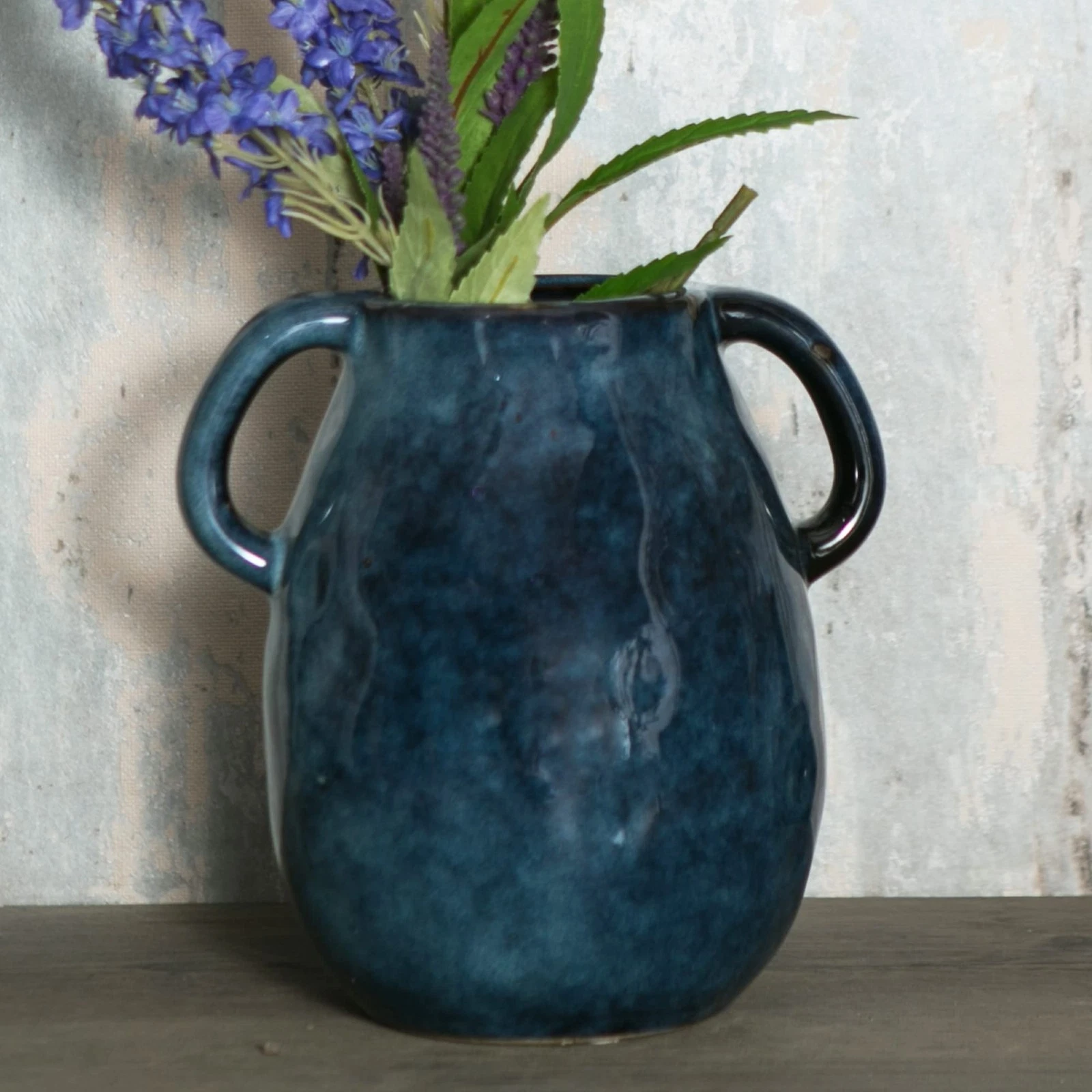 Blue Ceramic Vase with 2 Handles, Modern Farmhouse Decor, Rustic Terracotta P...