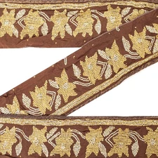 Sanskriti Vintage Border Antique Hand Beaded 1 Yd Indian Trim Sewing Brown Lace