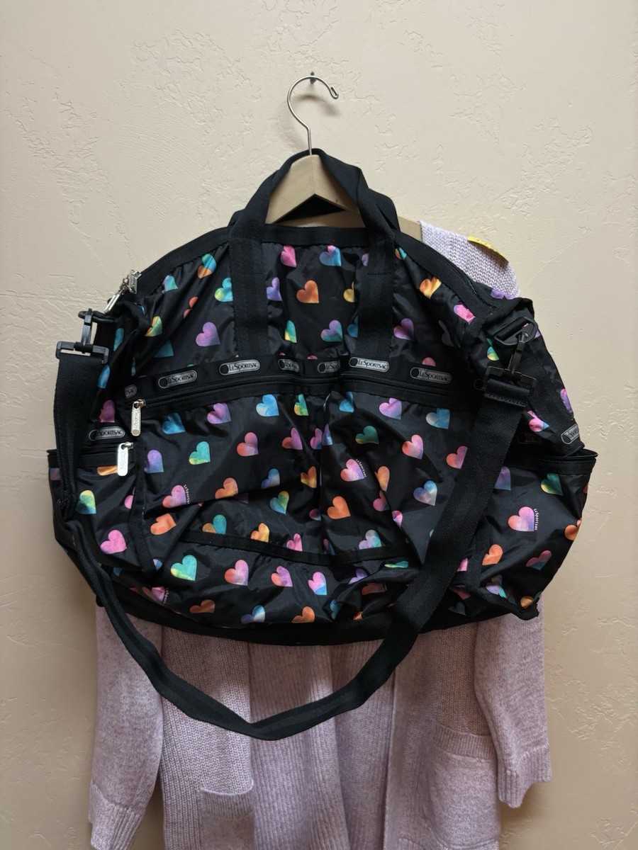LeSportsac Travel Carry On Duffle Weekend Bag Black Multi Colored Hearts View 3