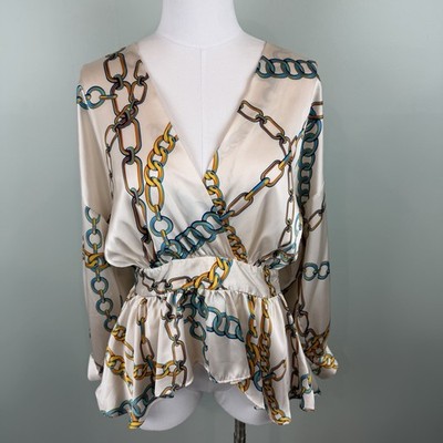 Zara chain link blouse with a silky sateen effect finish and a peplum hem Medium