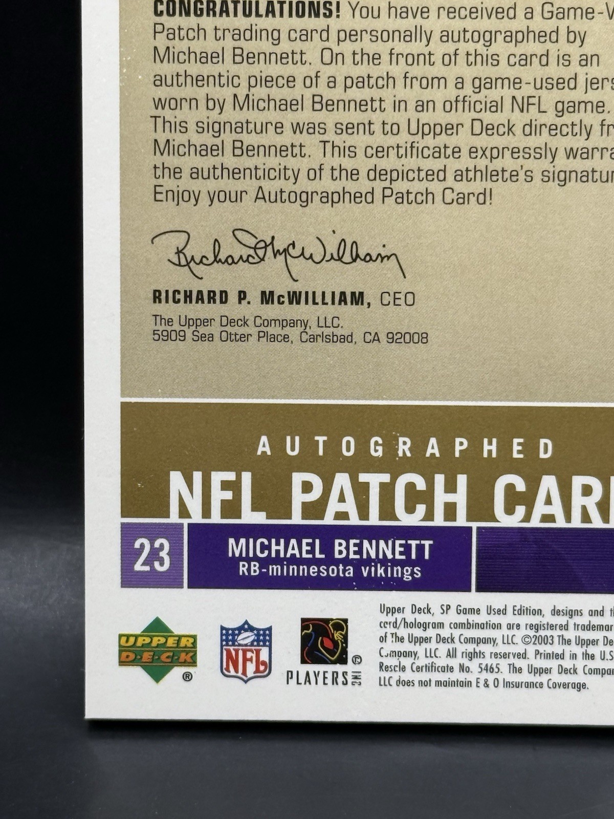 2003 SP Game Used Signed Patch Auto Michael Bennett 20/75 NM Vikings SICK PATCH view 9