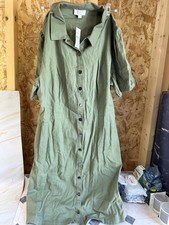 LOFT Sage Green Cotton  Dress Long Sleeve Button Down Pocket Size 16