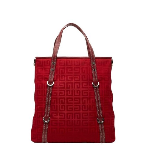 Givenchy Red Logo Nylon Leather Tote Bag Handbag Women Auth